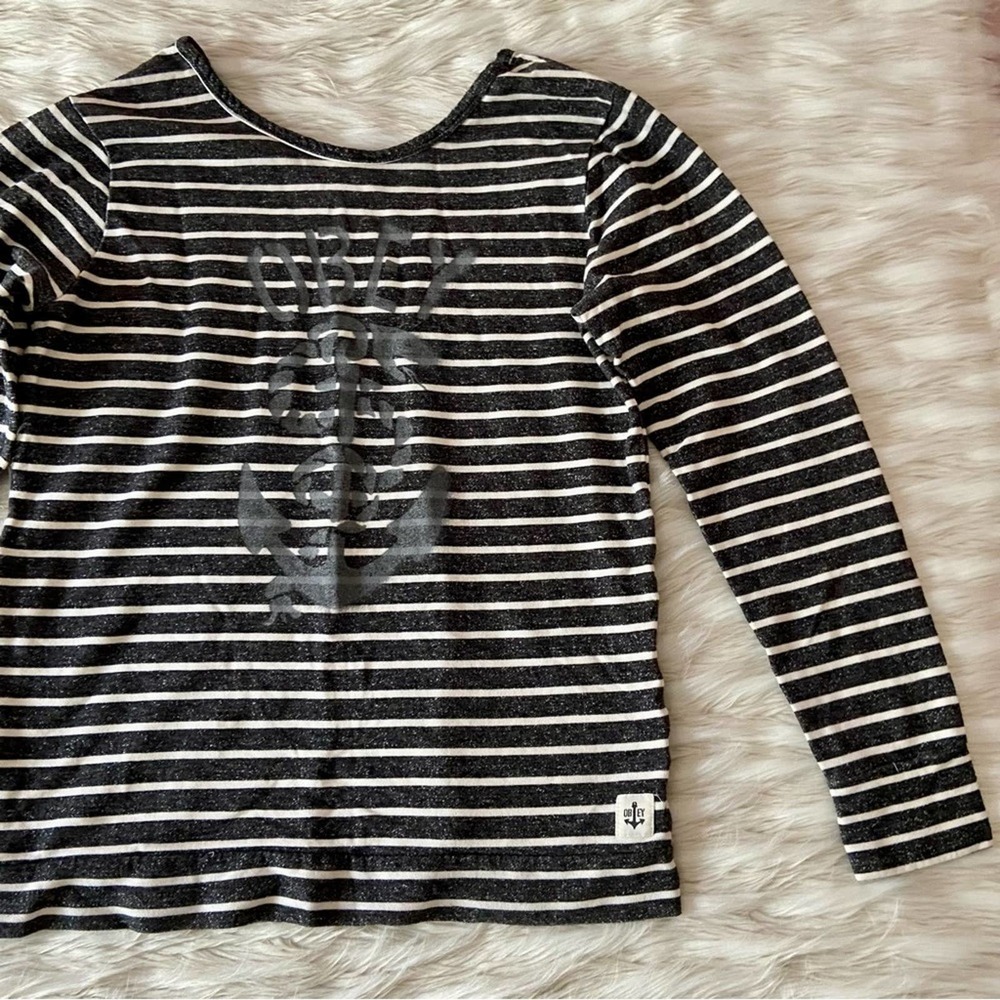 Obey Grey White Nautical Striped Long Sleeve Sweatshirt Top Sz L